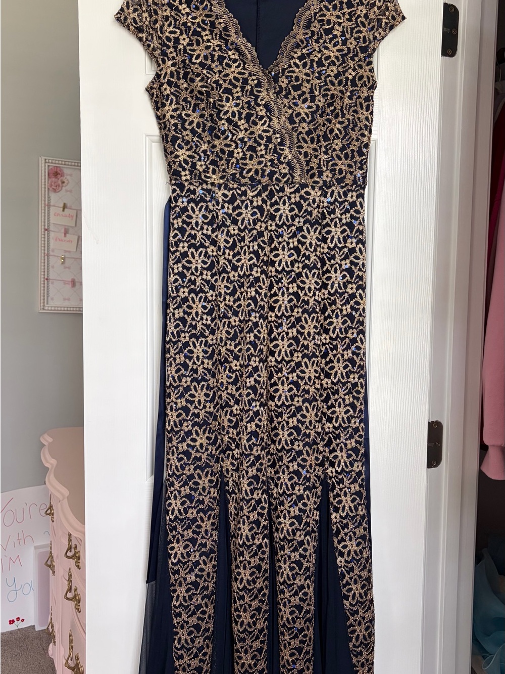 Navy Maxi Dress with Gold Lace Overlay